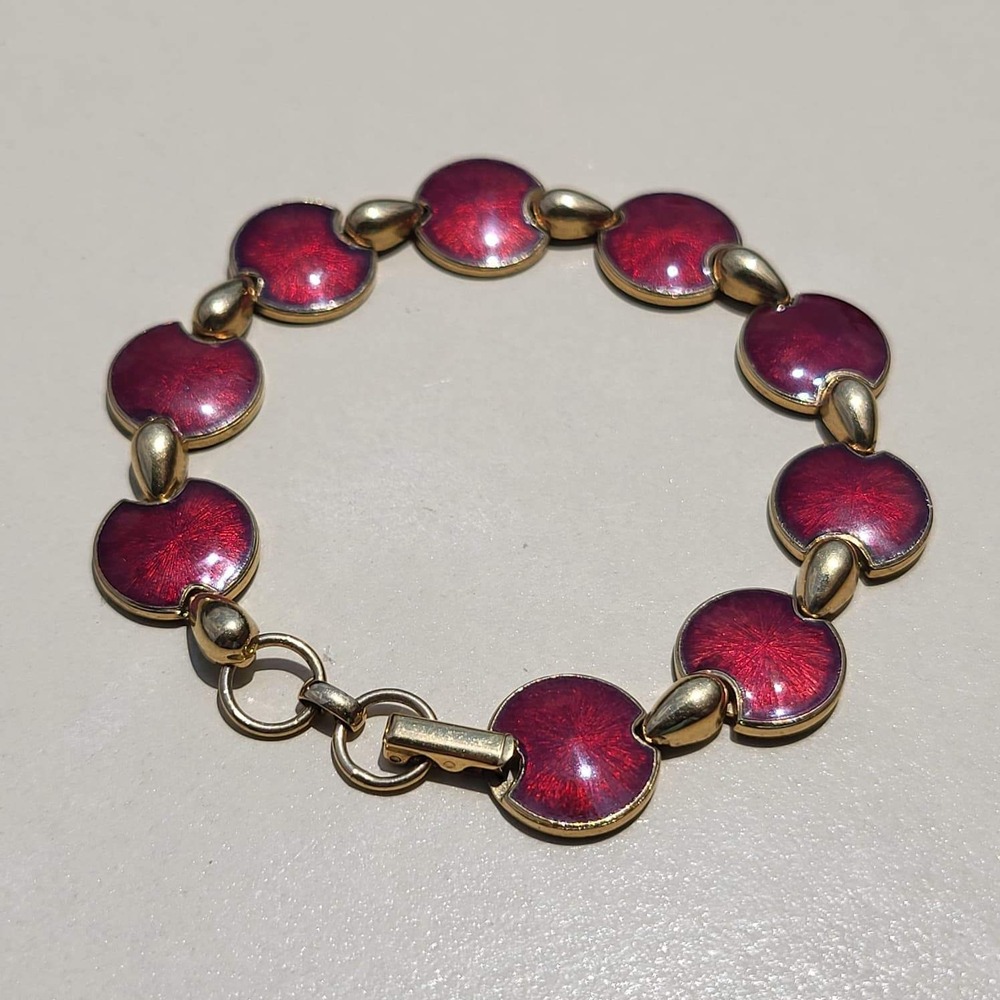 Vintage Gold Tone Enamel Link Bracelet  Red Guilloche Style Round Panels